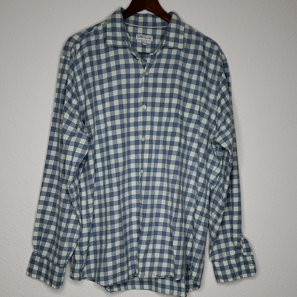 Peter Millar Cotton Silk Button Up Long Sleeve Shirt Size XL Gingham Plaid Logo - Picture 2 of 12